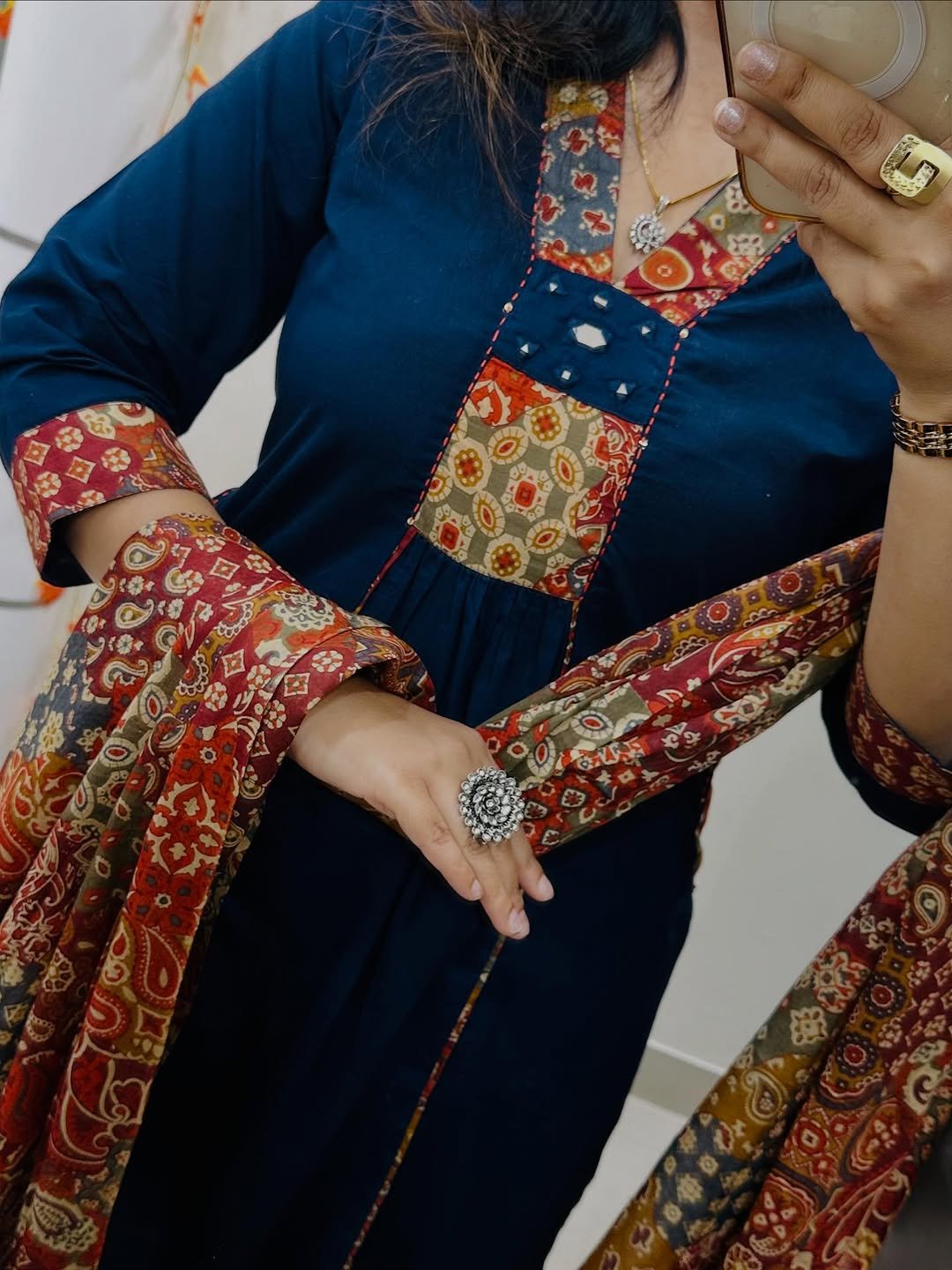 Mirror Work Cotton Suit with Kalamkari Dupatta